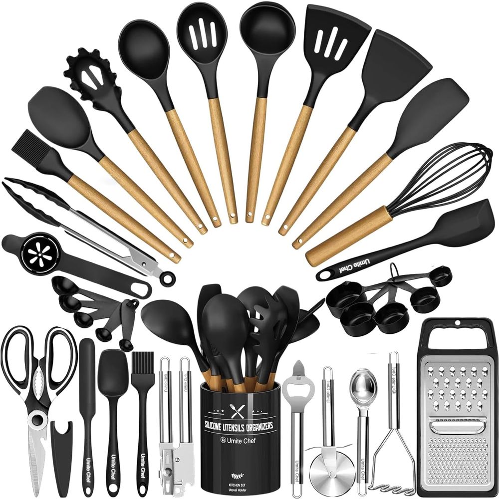 Kitchen Gadgets Set - Küchenutensilien-Set - 34-teiliges Silikon-Kochbesteck mit Halter,