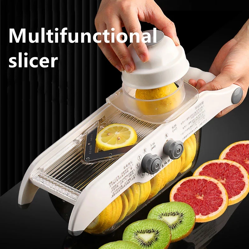 Mandoline Slicer - Multifunktionaler Zitronenschneider, Gemüsereibe mit Korb, V-Klinge,