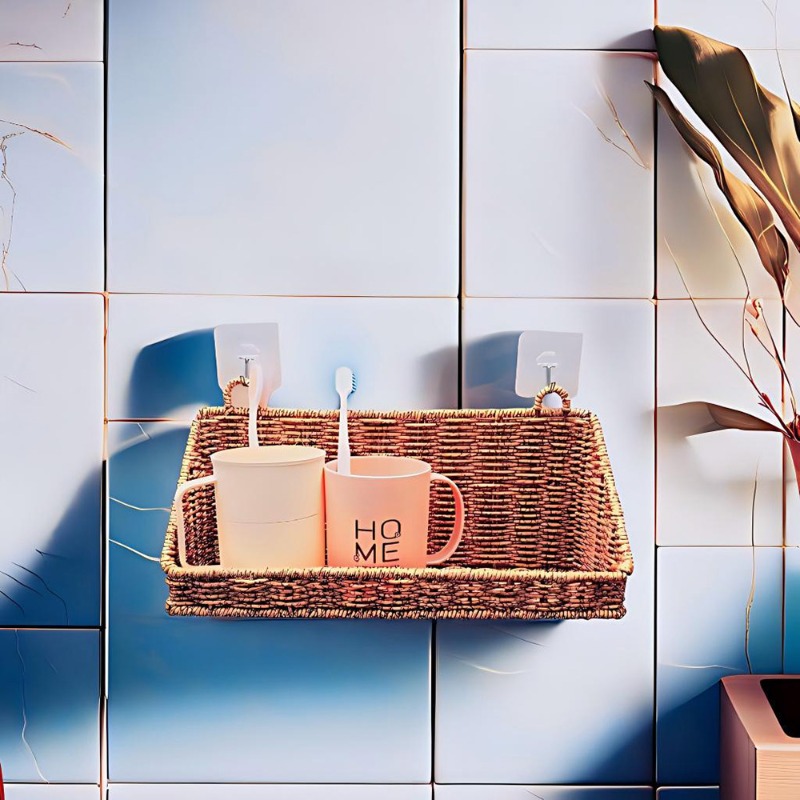 Kitchen Gadgets Rack Storage - Gewebter Rattan-Hängekorb mit Haken, Wandmontierter Aufbewahrungskorb