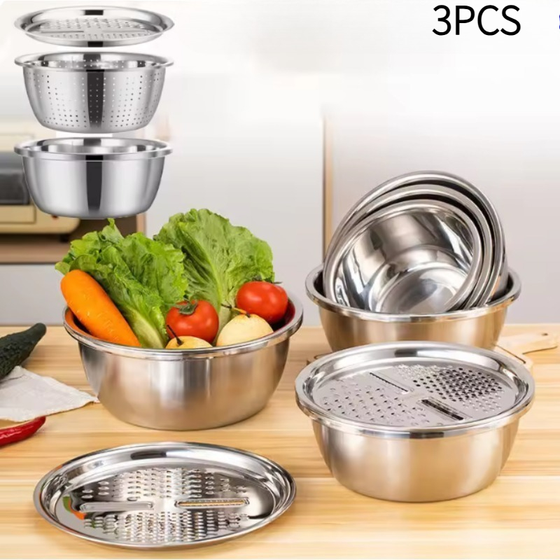 Mandoline Slicer - Neues 3-teiliges Edelstahl-Multifunktions-Küchenreibe-Set mit Abtropfschüssel und
